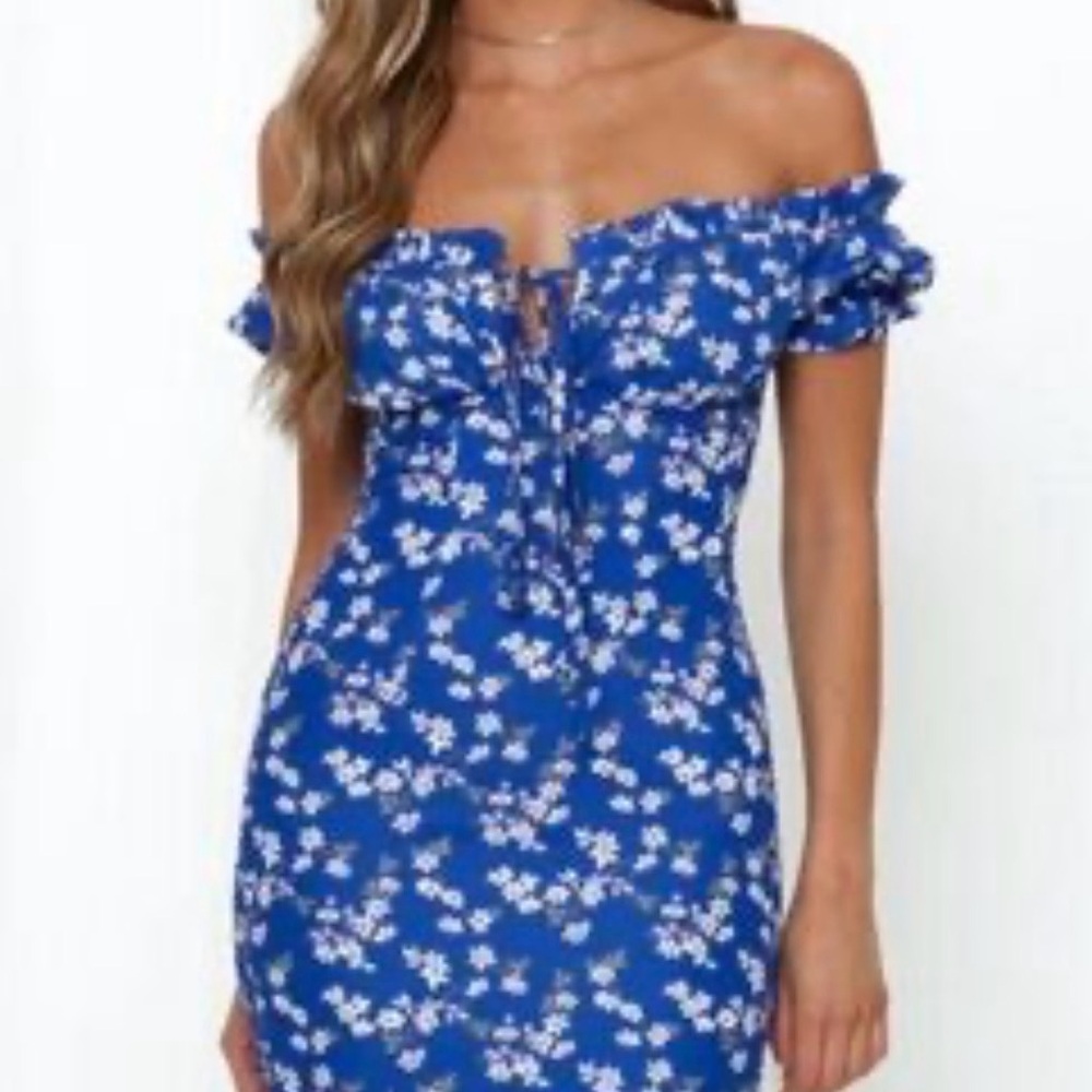 Hello Molly Floral Off-Shoulder Blue Dress